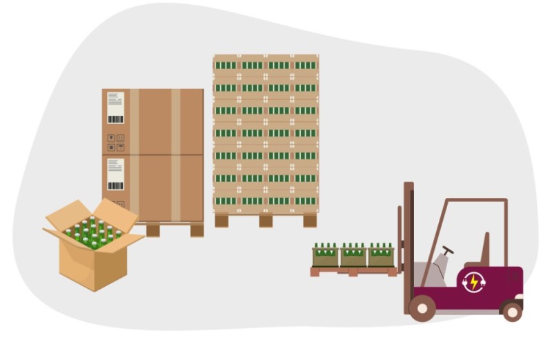 A forklift truck loads pallets and crates of goods in a warehouse.