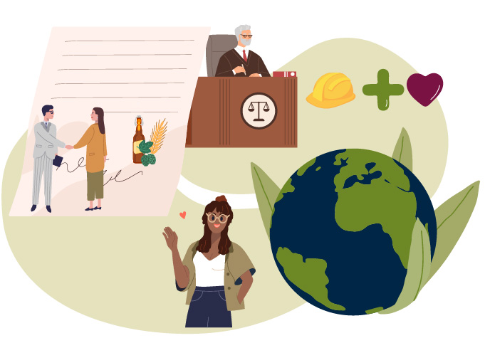 Two people shake hands in front of a large document. To their right, a judge sits at his desk and a woman raises her arm to wave. Next to her is a globe decorated with plant leaves.