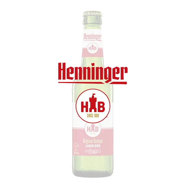 Transparent logo with bottle of Henninger Original German Lager Beer in the background – Click for more information about Henninger.