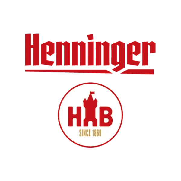 Red Henninger logo in Fraktur typeface above a round emblem with a tower, initials H B, and the lettering Since 1869.