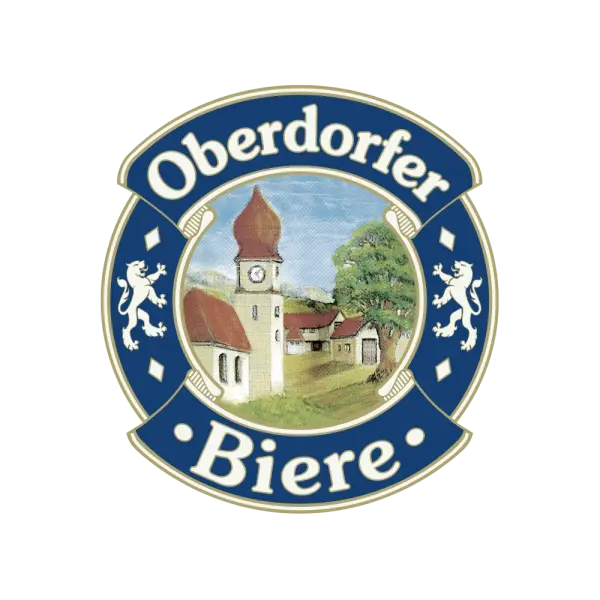 A circular emblem features a village scene with a church and houses, flanked by two lions.