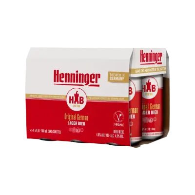 A six-pack of Henninger Original German Lager Bier in red and white packaging.