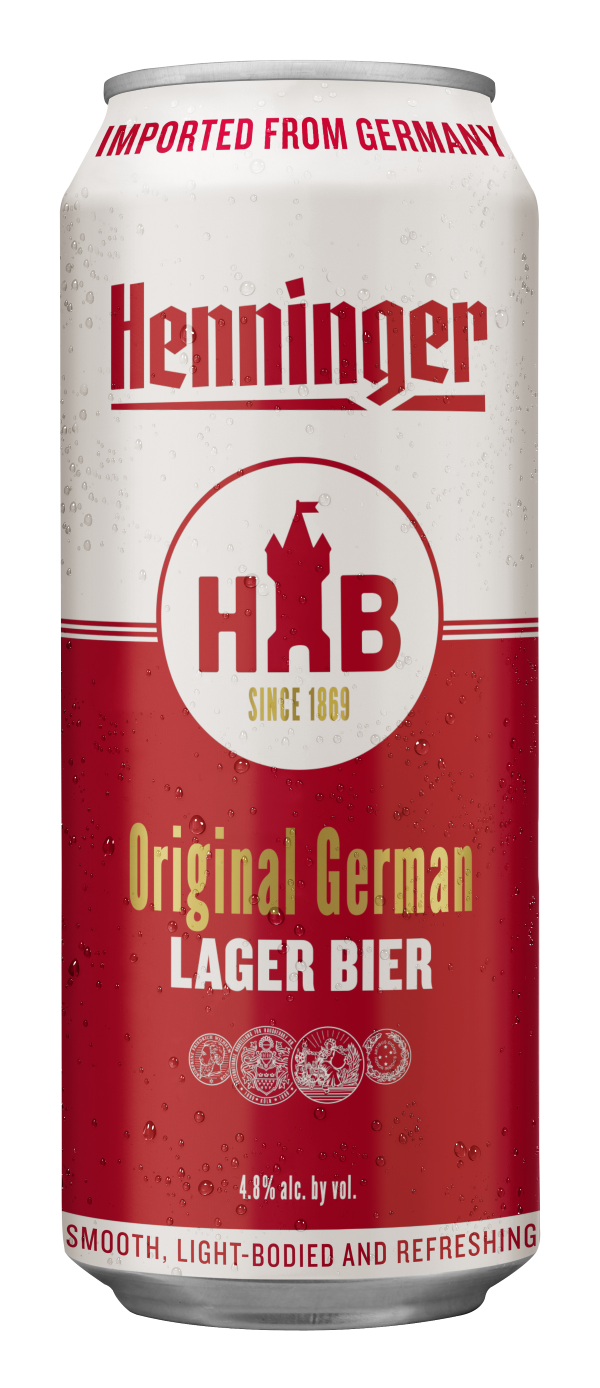 A red and white beer can with water droplets features German text and announces it is an imported light lager.