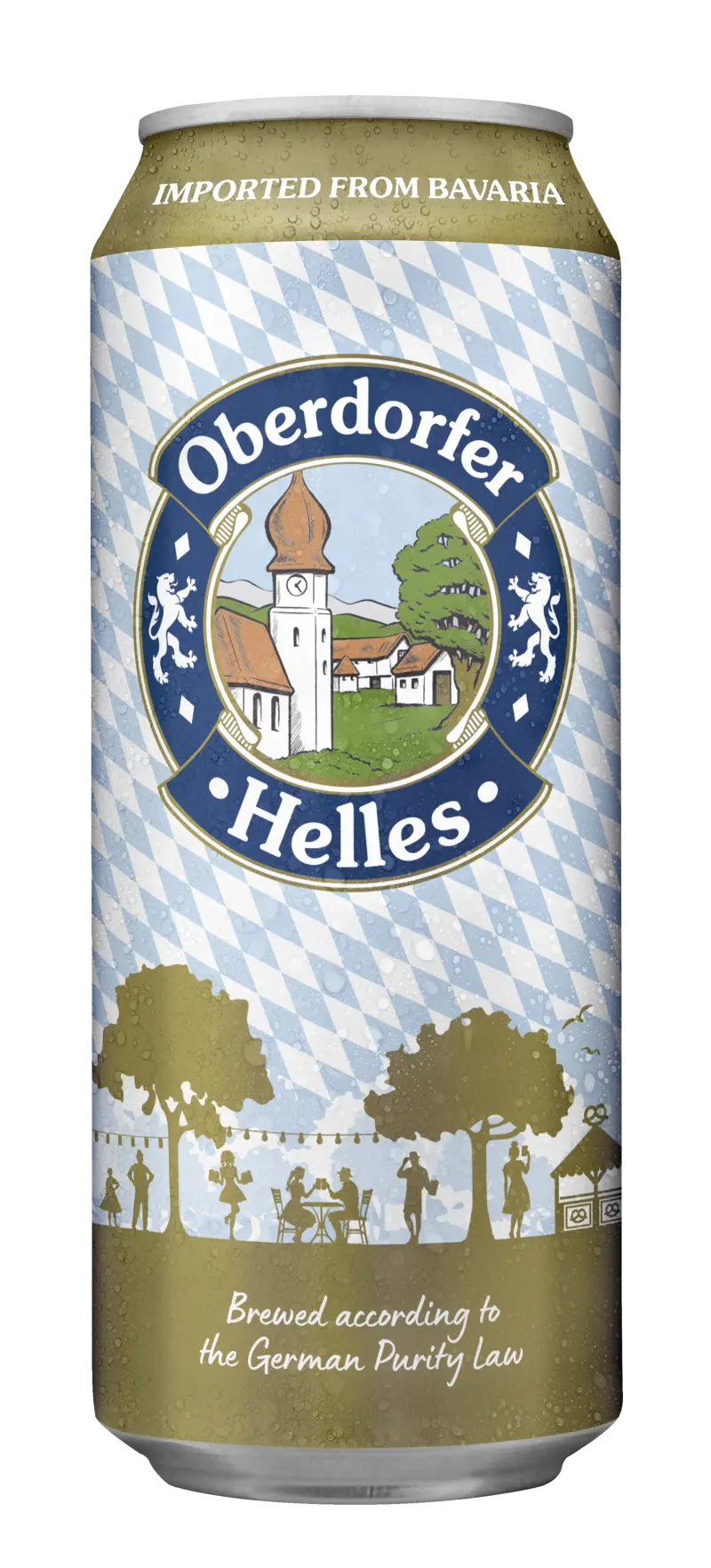 One Oberdorfer beer can with blue and white checkered design and illustrations of historical buildings.