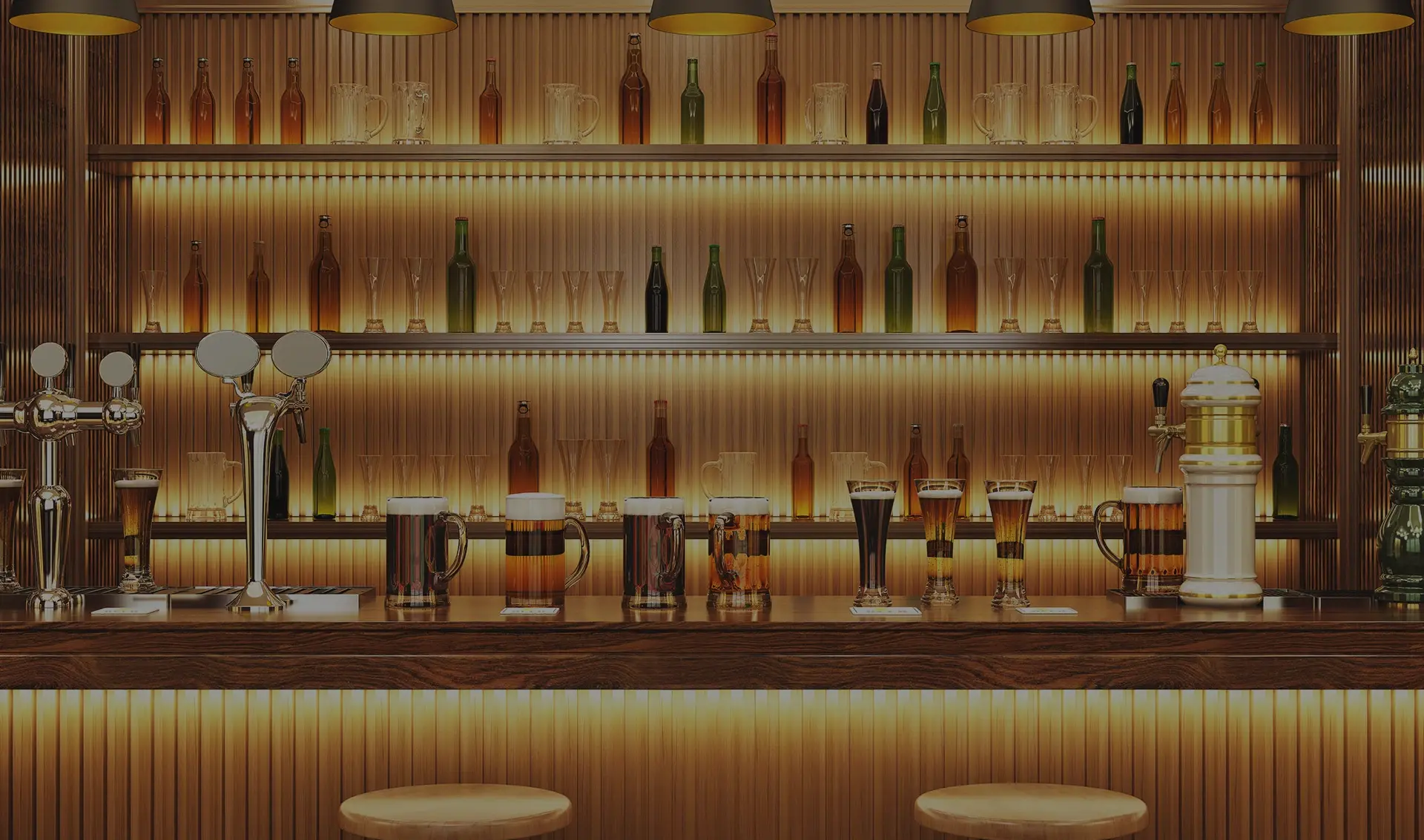 A bar counter displays various taps and glasses of beer under warm lighting. Wooden elements and shelves filled with bottles enhance the decor.