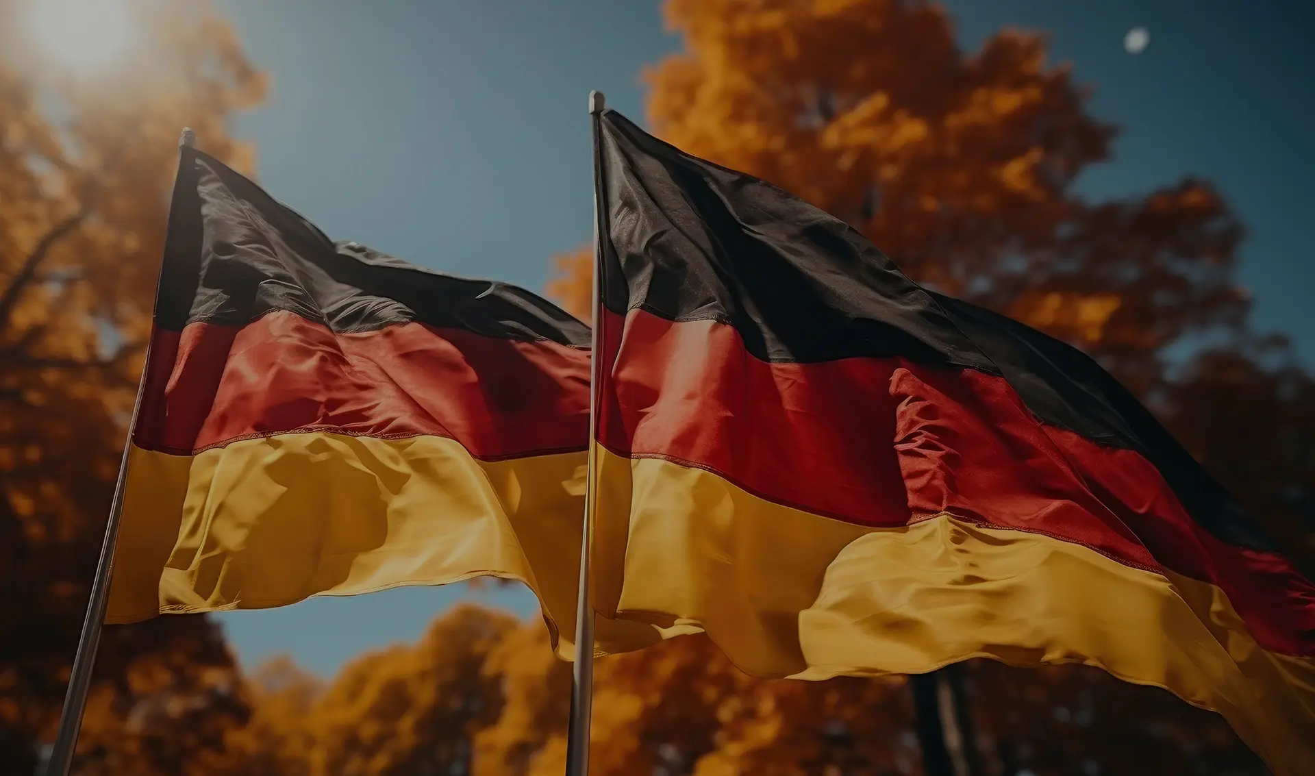 Two German flags flutter in the breeze against a backdrop of autumn trees.