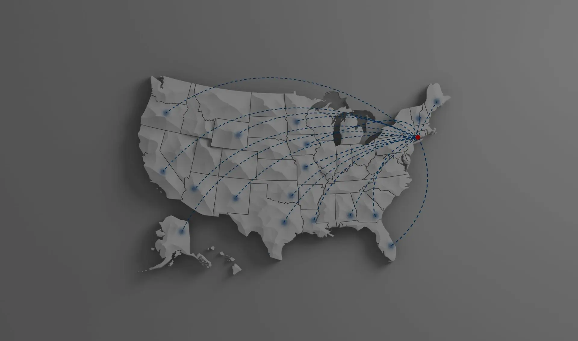 A stylized 3D map of the United States with blue lines connecting various points, centered on a red dot.